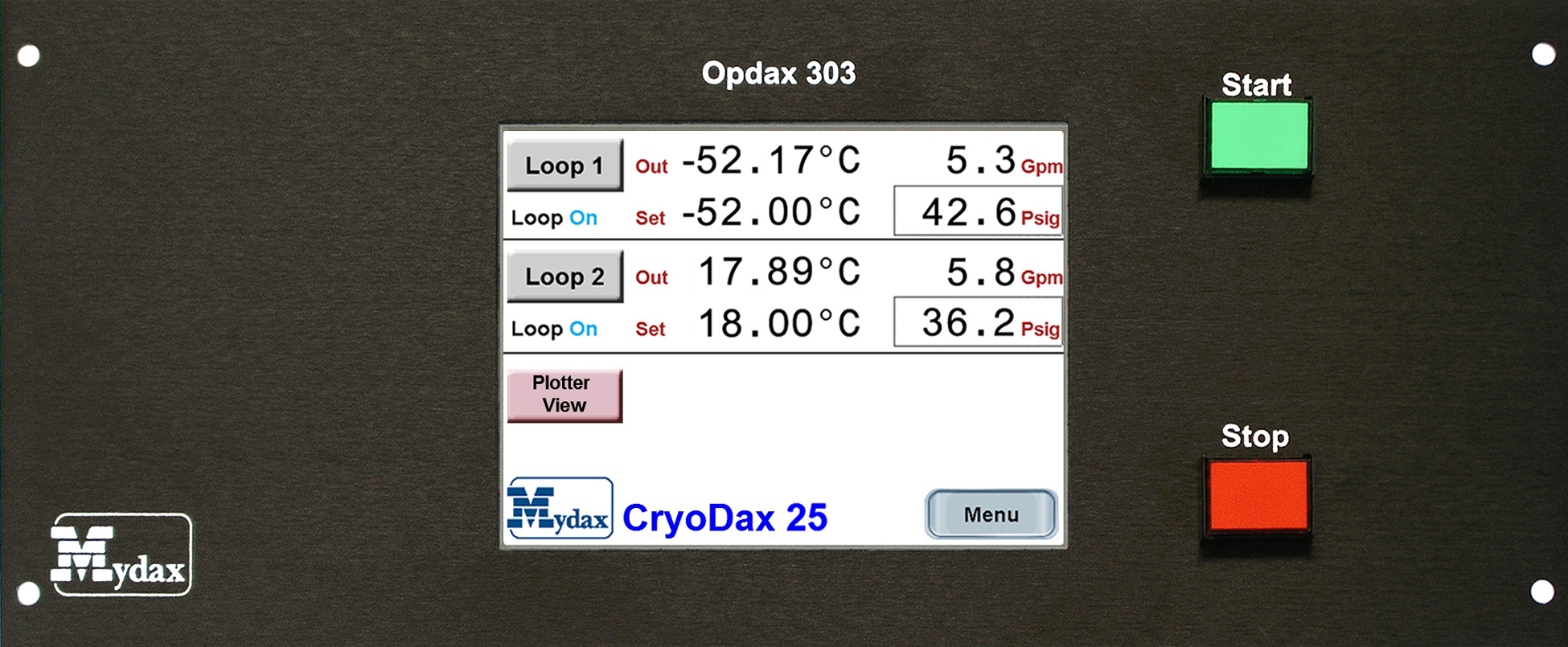 Mydax Opdax 303 Process Control Liquid Chiller Controller (shown on CryoDax 25 2-loop System)